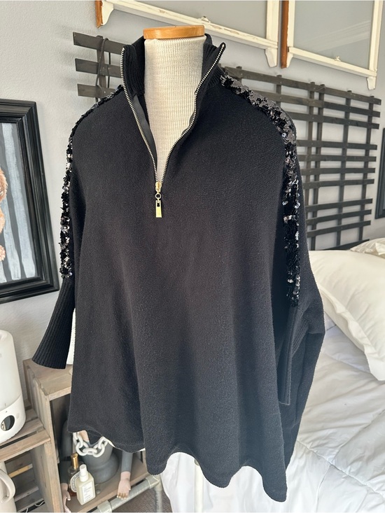Exquisse’s Paris Sweaters - Exquisse’s Paris Black Sequin-Trim Half-Zip Sweater, OSFA